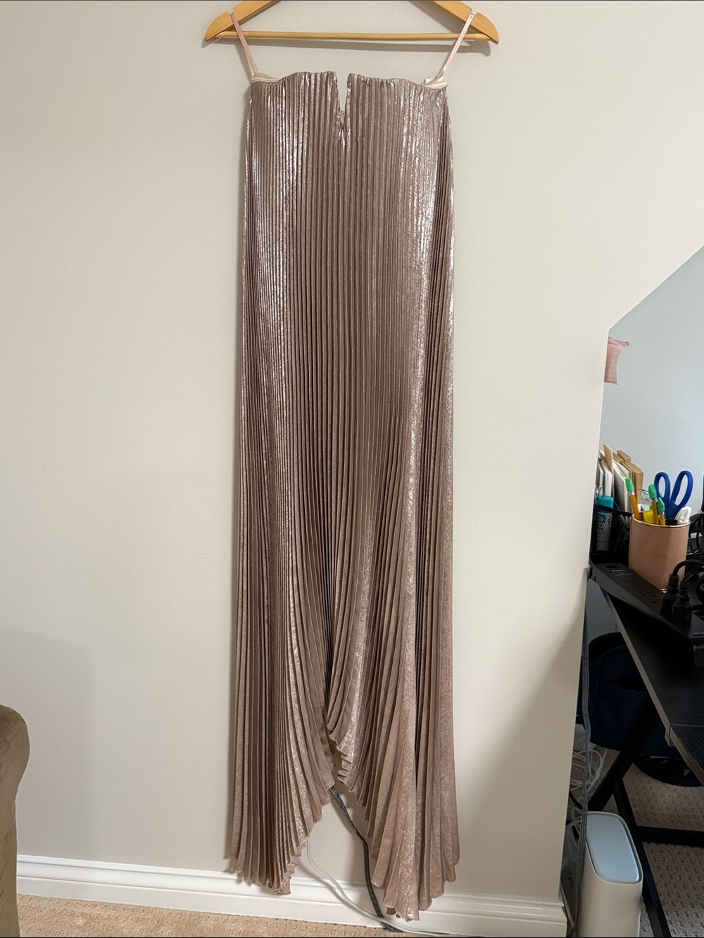 NWOT Vici Pleated Shimmer Gown in Taupe